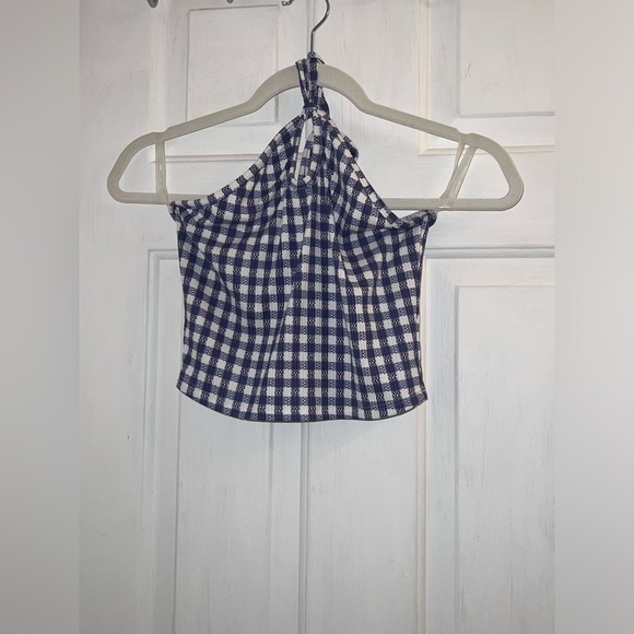 Size small blue white checkered halter neck tie cropped crop top - Picture 2 of 4